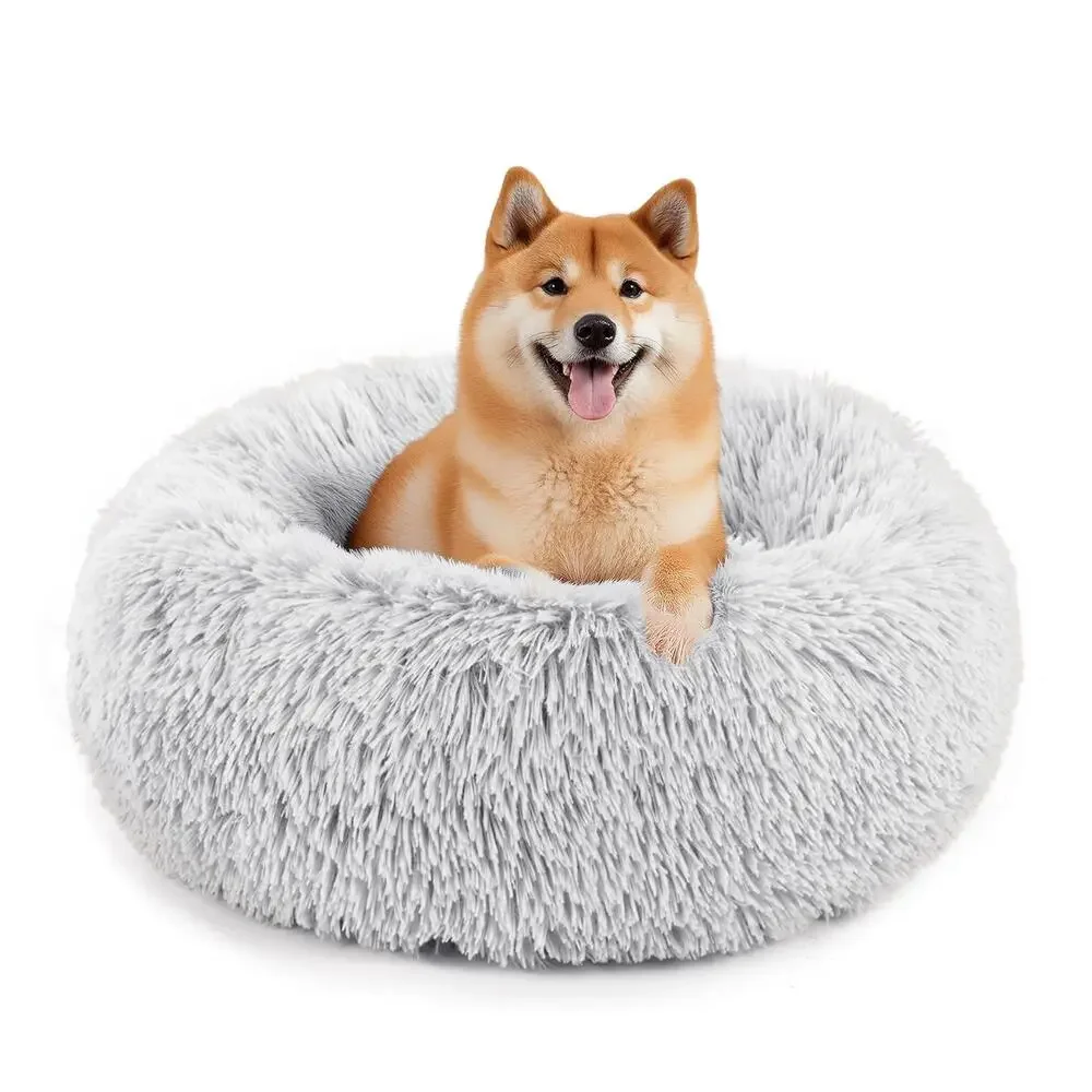 Calming donut bed Faux fluffy Grey and white pet bed 22